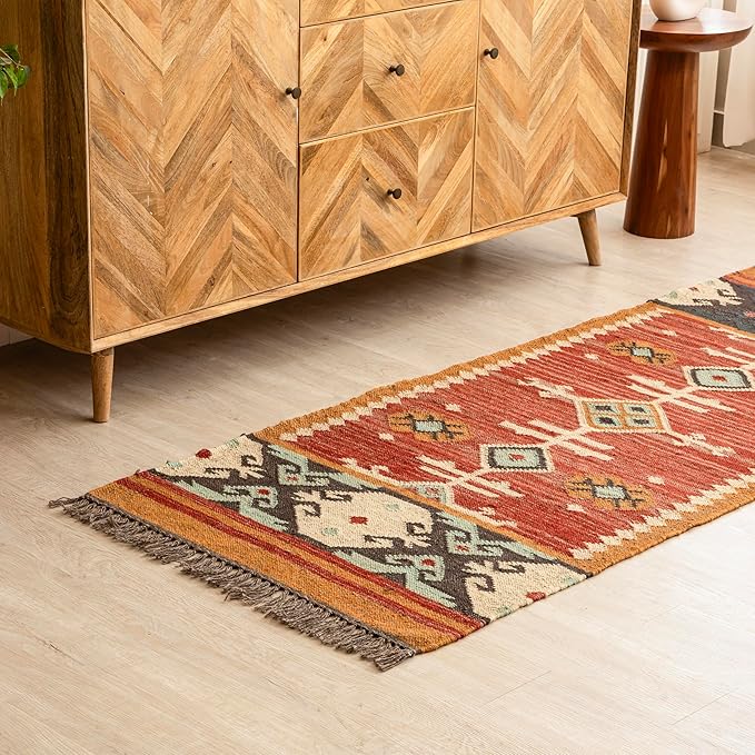 Jute Traditional Kilim Rug Boho Flatweave Area Rug for Living Room, Living Room Entryway, Tribal Series, 2'6"x8'