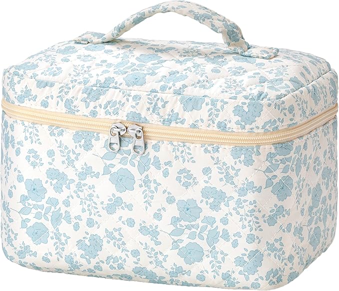 HBselect Christmas Gifts Large Quilted Makeup Bag, Cute Cotton Travel Makeup Bag with Handle, Portable Coquette Floral Make up Bags, Toiletry Organizer Make up Bags for Women Teen Girls Mom