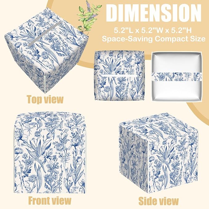 Vintage Floral Leather Tissue Box Holder Blue Flowers Tissue Box Cover Facial Paper Case Organizer Cube Napkin Dispenser for Bathroom Vanity Countertop Night Stand Office Car