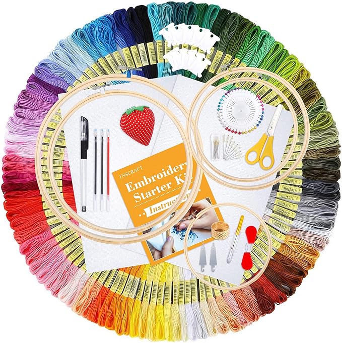 INSCRAFT 304 Pack Embroidery Kit, 200 Colors Threads, 5 Pcs Bamboo Embroidery Hoops, 2 Pcs Aida Cloth, Instructions, Bag and Cross Stitch Tools Set, Hand Embroidery Starter Kit for Beginners Adults