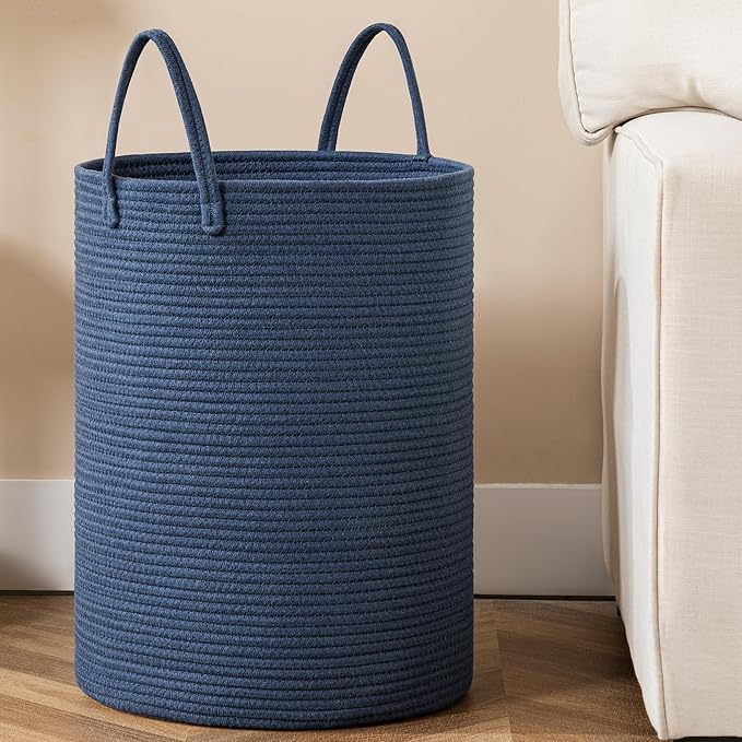 Laundry Basket, 52L Woven Laundry Hamper, Baby Nursery Hamper for Toys, Blanket Basket for Living Room, Clothes Hamper for Bedroom&Baby Room, Blue
