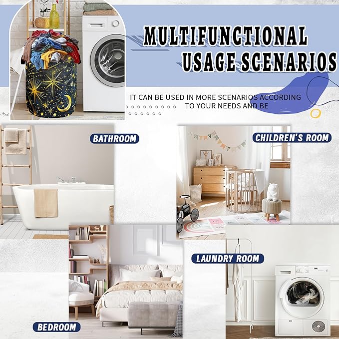 Moon Starry Sky Laundry Hamper Foldable Oxford Cloth Colorful Galaxy Laundry Basket With Handle Portable Clothes Storage Basket Funny Laundry Bag 18.9"x16.5" For Laundry Room/Bedroom/Bathrooms