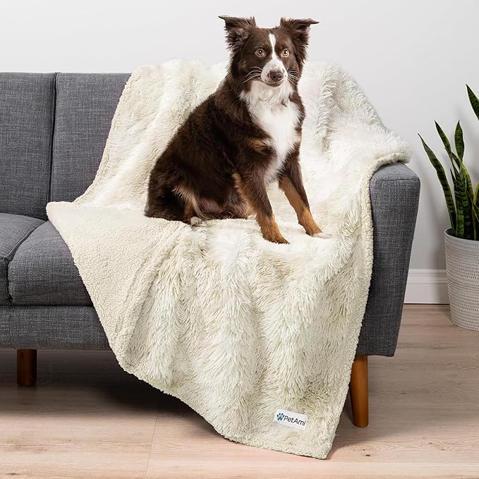 PetAmi Waterproof Dog Blanket for Medium Large Dogs, Calming Fleece Cat Blanket, Couch Protector Washable Sherpa Faux Fur Pet Throw for Puppy, Soft Reversible Leakproof 40x60 Cream Beige
