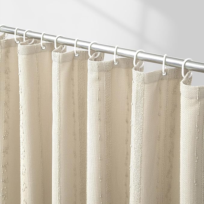 Lameirose Beige Shower Curtain Boho, 72 x 72 Cotton Blend Waffle Weave Stripe Textured Heavy Duty, Fabric Shower Curtain for Bathroom, Hotel, Washable