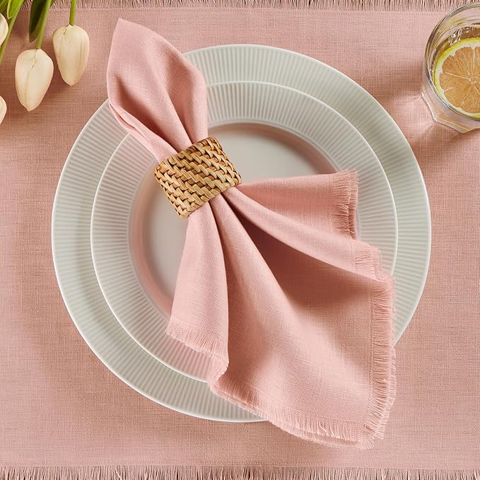 Solino Home Fringe Linen Cloth Napkins Set of 4-100% Pure Linen Misty Pink Dinner Napkins 20 x 20 Inch for Valentines, Spring, Easter - Handcrafted and Machine Washable