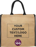 DISCOUNT PROMOS Custom Fresno Eco Friendly Jute Tote Bags Set of 100, Personalized Bulk Pack - Reusable, Great for Tradeshows, Grocery, Shopping and Outdoor Events - Black