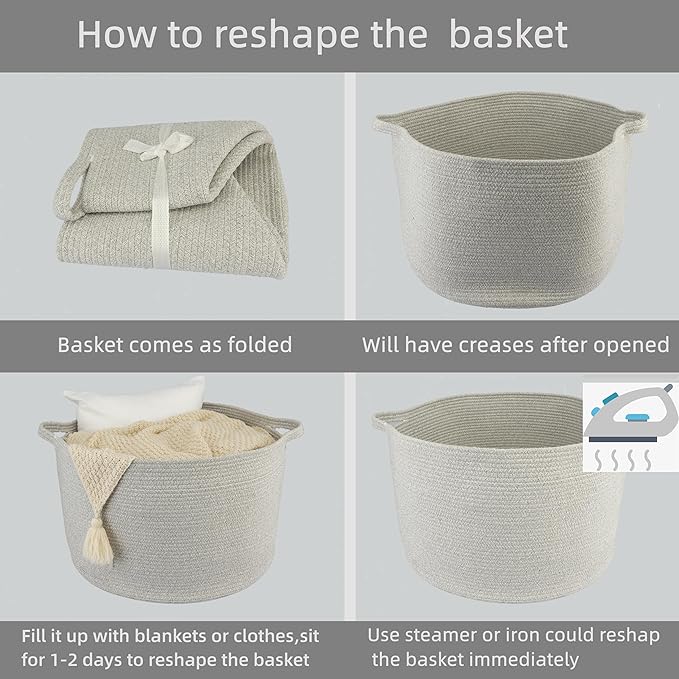 XUANGUO Large Cotton Rope Basket – 22"x14" Woven Storage Baskets for Blankets, Toys, Laundry, and Nursery – Round Basket for Living Room, Kids, and Pets Grey