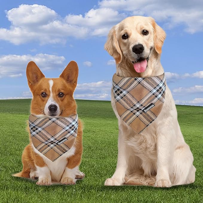 Adjustable Plaid Dog Bandanas,1PC Soft Washable Cotton Triangle Bib Kerchief Scarfs for Small Medium Large Dogs and Cats (Light Khaki, Small)