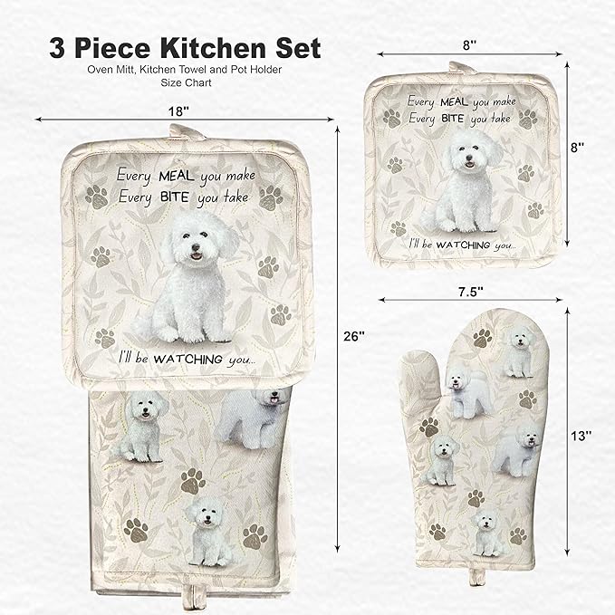 Bichon Frise 3-Piece Kitchen Set -Oven Mitt, Pot Holder & Kitchen Towel Set, Heat Resistant up to 420 F, Soft Quilted Cotton for Cooking, Baking, BBQ, Pet Lover Gifts (Bichon Frise)