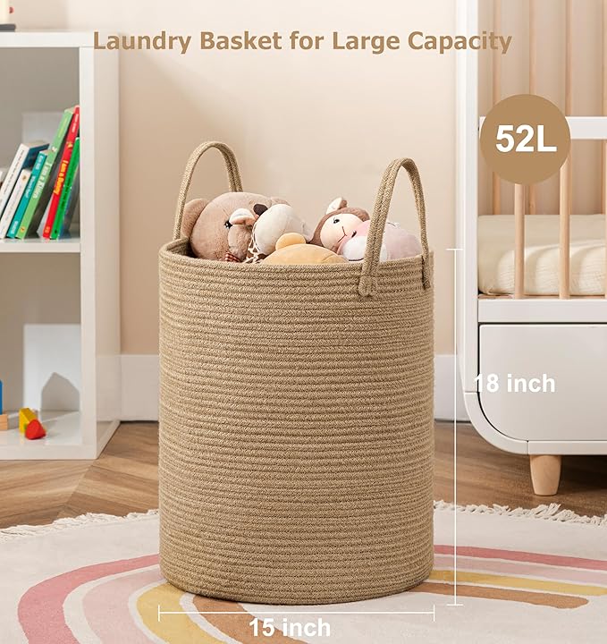 Laundry Basket, 52L Woven Laundry Hamper, Baby Nursery Hamper for Toys, Blanket Basket for Living Room, Clothes Hamper for Bedroom&Baby Room, Jute
