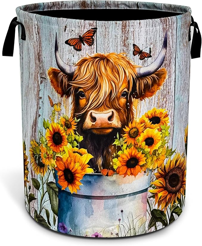 NUTAINLA Highland Cow Sunflower Laundry Basket Animal Foldable Oxford Cloth Funny Tote Bag Laundry Hamper Clothes Storage Bucket Toy Organizer For Bathroom/Laundry Storage/Bedroom 18.9x16.5 Inch