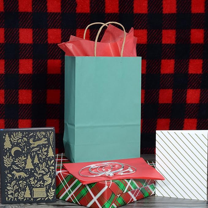 Prime Line Packaging Mini Green Gift Bags with Handles, Kraft Paper Shopping Bags for Treats, Goodies, Party Favors, Christmas, Holidays, Bulk, 6x3x9, 100 Pack