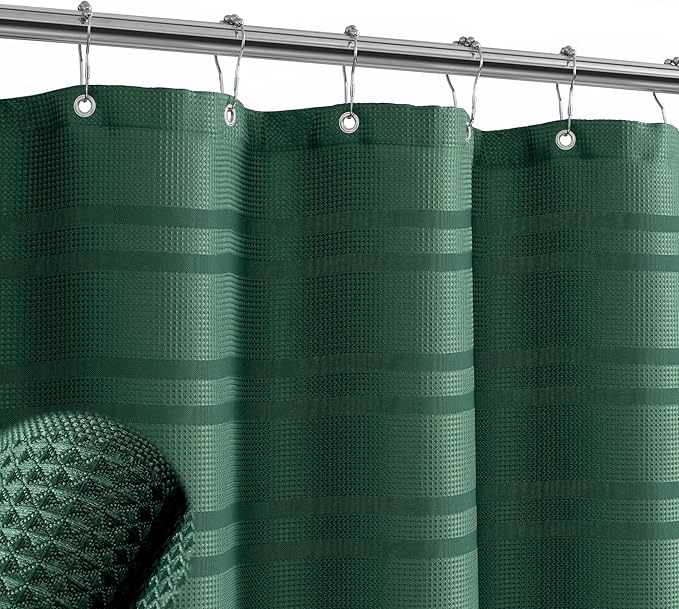 TURKIO Stall Fabric Shower Curtain, 48 inch Wide Narrow Dark Green Shower Curtain Waffle Weave Shower Curtain Striped Fabric Shower Curtains for Bathroom, Green Bathroom Decor, (48Wx72H, Dark Green)