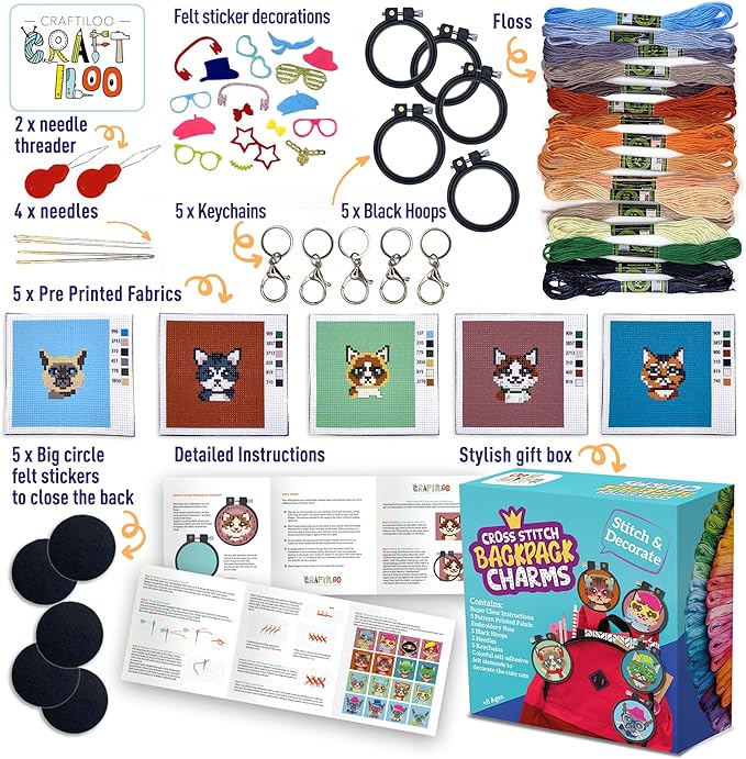 CRAFTILOO Cats Cross Stitch Kits for Beginners. 5 Stamped Cross Stitch Kits for Kids.Needlepoint Kits for Beginners. Embroidery Kit for Kids. Girls Cross Stitch kit (Cats)