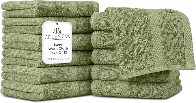 Villa Celestia 100% Cotton Wash Cloth for face & Body Set of 12, (12 x 12 inches) Sustainable, Soft, Highly Absorbent, Combed Cotton Wash Cloths Pack of 12 for Hotels, Spa, Bathroom, Dorm, Sage