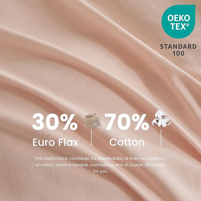 Simple&Opulence Belgian Linen Sheet Set Solid Color - 6 Pieces (1 Flat Sheet & 1 Fitted Sheet & 4 Pillowcases) 16" Deep Pocket Natural Flax Cotton Blended Soft Bedding - Pale Pink, Queen Size