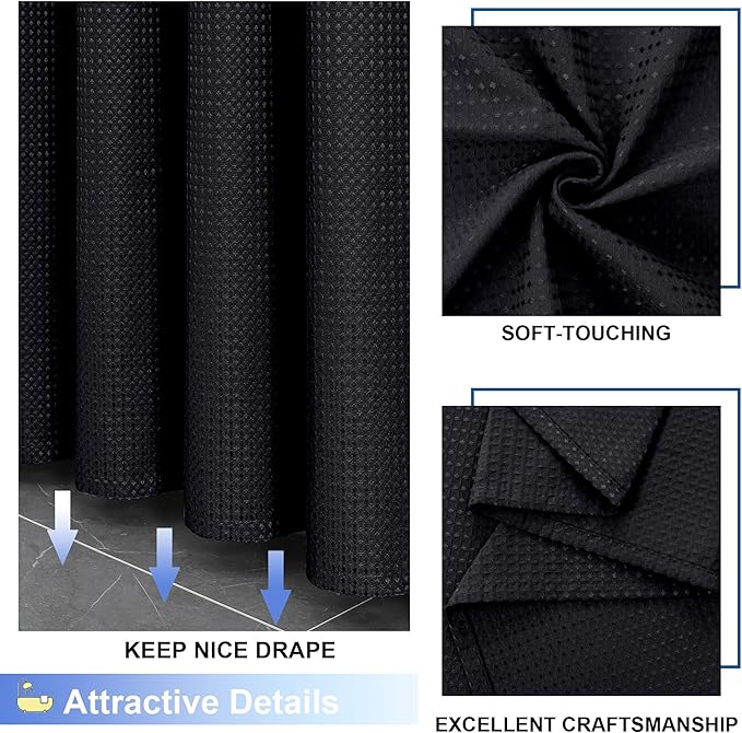 OVZME Extra Long Shower Curtain Set - 84 Inch Long Waffle Weave Heavy Duty Cloth Shower Curtain for Bathroom, Luxury Weighted 230GSM Bath Curtain Set with 12 Plastic Hooks, 72x84, Black