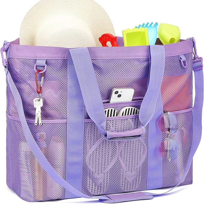 Fammart Mesh Beach Bag, Large Beach Tote with Zipper Pocket for Family Pool Bag for Toys & Vacation Essentials