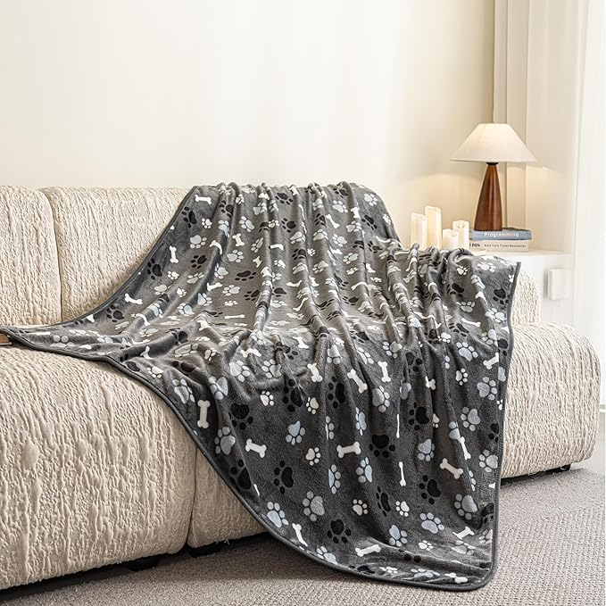 AIWEK Dog Blanket Paw Bone Pattern 1 Pack 1 Super Soft Warm Flannel Sofa Cover Car Bed Protector, Urine Proof Washable Outdoor Pet Blanket for Puppy Large Dogs & Cats,80"*60" Grey