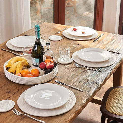 Art PineCone's Woven Cotton Rope Round Placemats Set of 4 with Holder Included, Non-Slip, and Heat Resistant Shabby Chic Placemats (Off White, 13 inch Plus Coaster)