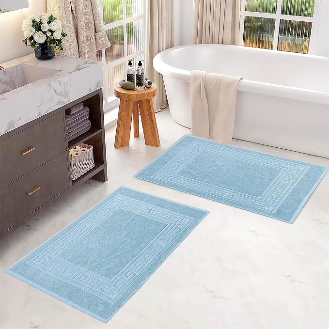 Superior Heavyweight Cotton Bath Mats, Bath Rugs For Bathroom Accessories, Washable Rug For Shower, Toilet, Modern Decor, No Backing, Luxury Hotel And Spa Quality, Set of 2, 22" x 35", Light Blue