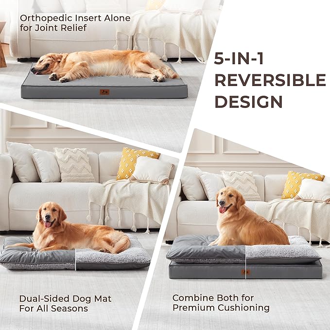 Warmrest 2-Pack Waterproof Dog Bed Large Size Dogs, Plush Cushion & Orthopedic Egg-Crate Foam Mattress for Senior Dogs, Washable Dog Crate Bed with Removable Cover, Dark Grey