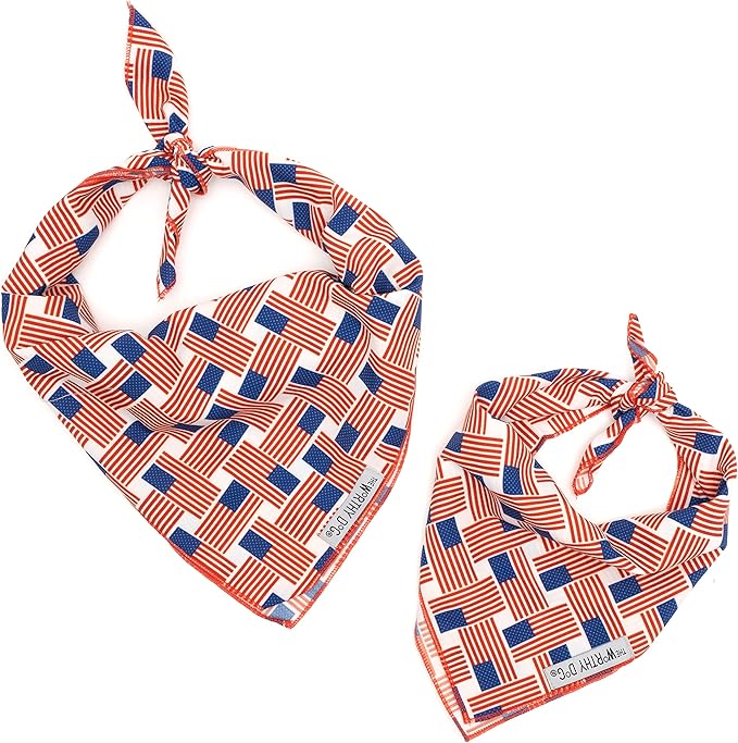 THE WORTHY DOG Classic Tie-Hi Dog Bandana – Soft Cotton Flannel Square Pet Bandana, Patchwork Flag Pattern, Red/White/Blue, Large