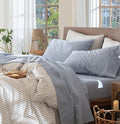 MooMee Bedding Sheet Set 100% Washed Cotton Linen Like Textured Breathable Durable Soft Comfy (Heathered Cornflower Blue, Split King)