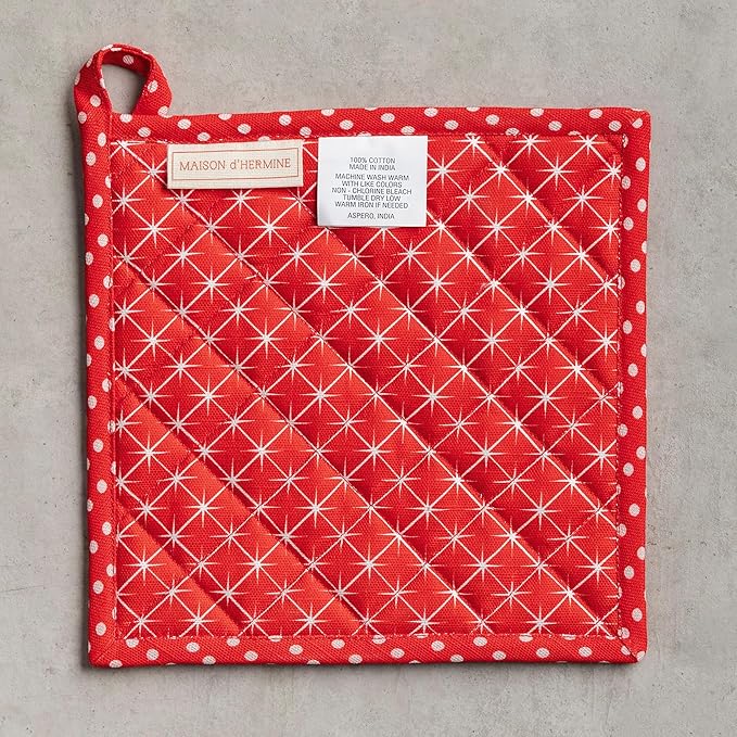 Maison d' Hermine Pot Holders Set 100% Cotton Heat Resistant Potholders 8" x 8" Hot Pads with Loop for Thanksgiving Christmas Decorations Baking Handling Hot Pans (Pack of 2, Poinsettia Christmas)