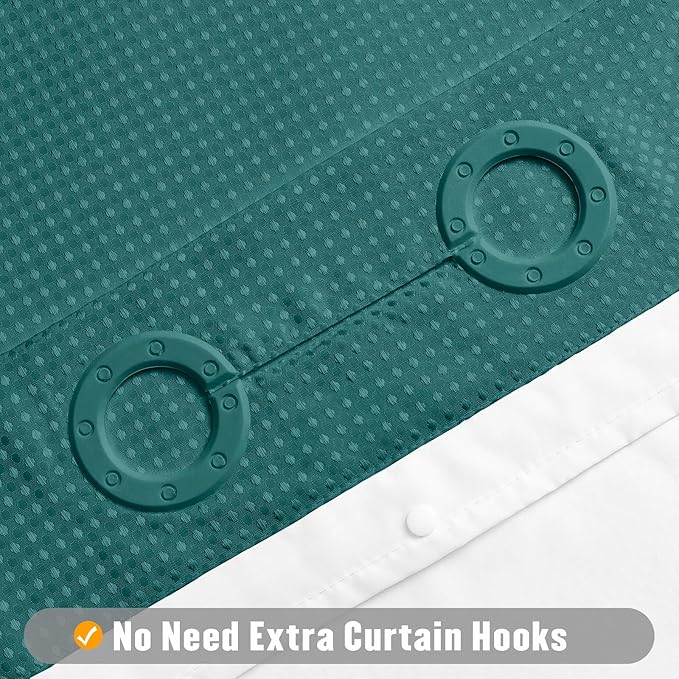 MitoVilla Dark Green Long Shower Curtain Liner Set 72 x 80, No Hooks Needed 80 inch Long Heavyweight Waffle Fabric Shower Curtain Set with Snap-in Liner for Hotel Grade Spa-Like Bathroom Decor