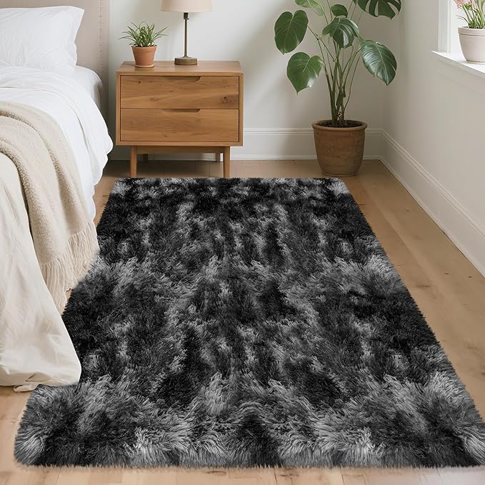 3x5 Dark Grey and Black Shaggy Rug for Bedroom Living Room Soft Fuffly Shag Carpet Plush Gray Area Rug Indoor Furry Kids Play Mat for Girls Boys Room Dorm Nursery Home, Tie Dye