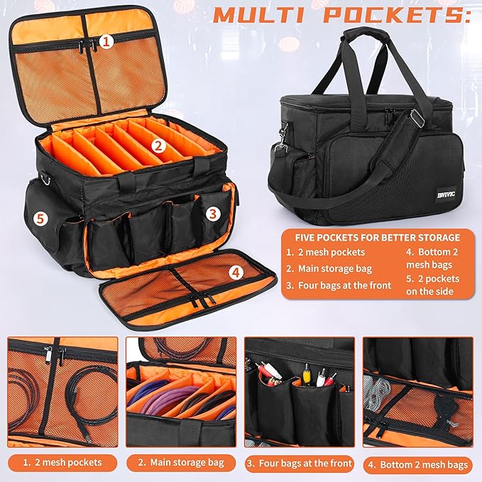 IBVIVIC DJ Cable File Bag With Adjustable Dividers, Dj Gig Bag for Cables, Cords, DJ Gear, Sound Instrument and Accessories, Cable Organizer Bag 16L x 11W x 12H inch
