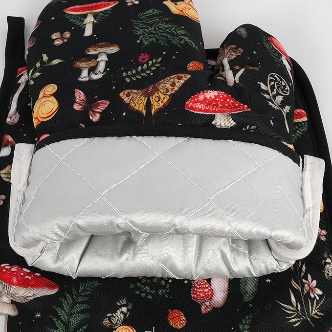 Mushroom Oven Mitts and Pot Holders Sets Cute Oven Gloves Heat Resistant 4 Pcs Funny Decorative Kitchen Hot Pads and Mitts for Baking Cooking Grilling