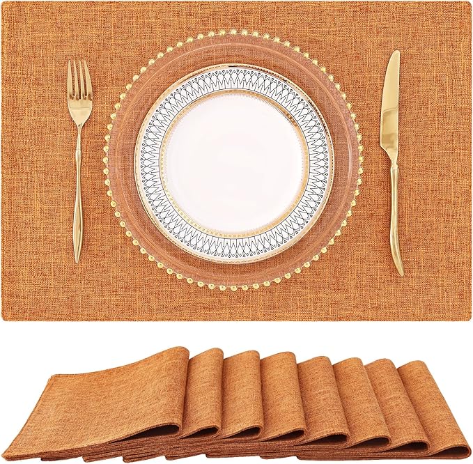 homing Cotton Linen Placemats Set of 8, Cloth Washable Farmhouse Dining Table Mats for Indoors & Outdoors, Easy to Clean, Orange, 13 x 19 Inch