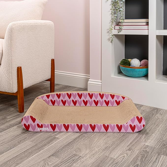 The LICKER Store CSR1004A Montego 27.5" Coastal Patterned Cardboard Lounge Bed Cat Scratcher with Catnip, Pink/Red