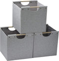 HOONEX Collapsible Storage Bins, 13x13x13in Storage Cubes Linen Fabric, 3 Pack, Storage Baskets with Wooden Carry Handles and Sturdy Heavy Cardboard, for Home, Office, Car, Nursery, Light Grey