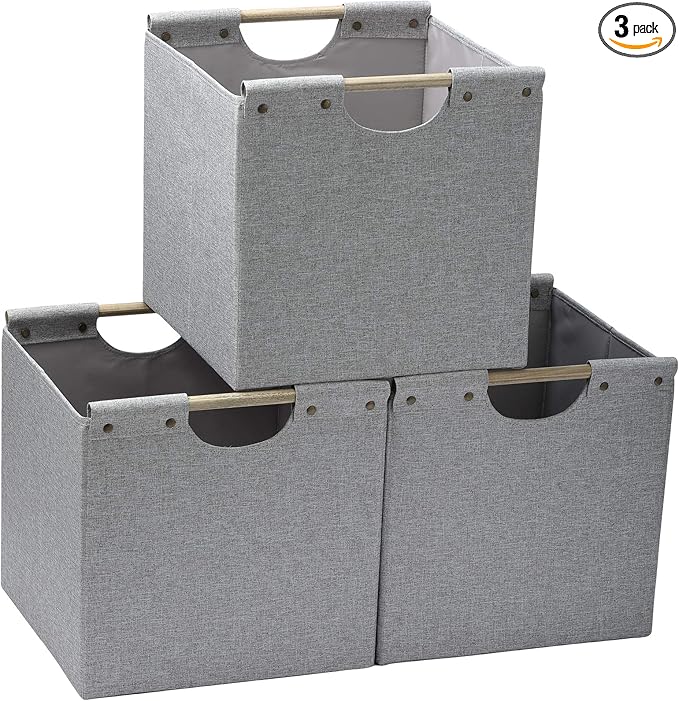 HOONEX Collapsible Storage Bins, 12x12x12in Storage Cubes Linen Fabric, 3 Pack, Storage Baskets with Wooden Carry Handles and Sturdy Heavy Cardboard, for Home, Office, Car, Nursery, Light Grey