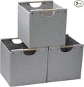 HOONEX Collapsible Storage Bins, 12x12x12in Storage Cubes Linen Fabric, 3 Pack, Storage Baskets with Wooden Carry Handles and Sturdy Heavy Cardboard, for Home, Office, Car, Nursery, Light Grey