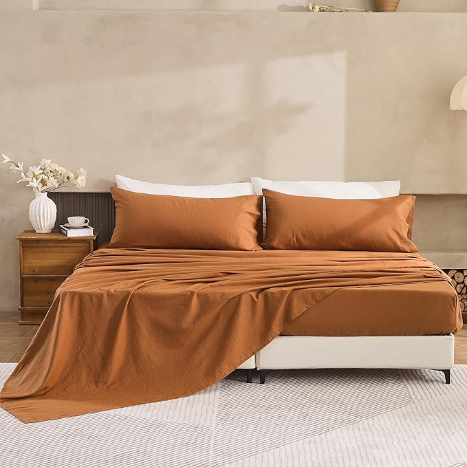 Simple&Opulence Belgian Linen Sheet Set Solid Color - 5 Pieces (1 Flat Sheet, 2 Fitted Sheets & 2 Pillowcases) Natural Flax Cotton Blend Soft Breathable Farmhouse Bedding - Split King Size, Rust