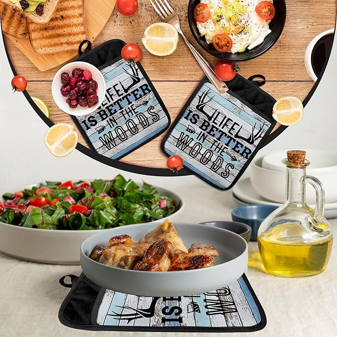 Hunting Cabin Gifts Pot Holders with Pockets, Life is Better in The Woods Moose Pot Holders Heat Resistant Oven Mitts Hot Pads for Kitchen Baking Cooking,Potholders for Kitchens