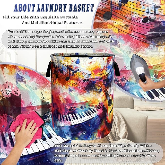 Colorful Music Notes Laundry Basket Oxford Cloth Guitar Funny Laundry Hamper With Handle Portable Clothes Storage Basket Foldable Laundry Bag 18.9"x16.5" For Laundry Room/Bedroom/Bathrooms