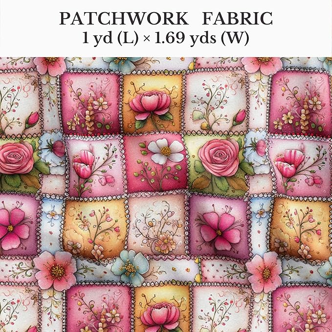 Soft Rose Garden Patchwork Cotton Fabric Panel 61 x 36.6 Inches, Floral Vintage Quilt Pattern, Pink Pastel Tones, 100% Cotton 140 GSM