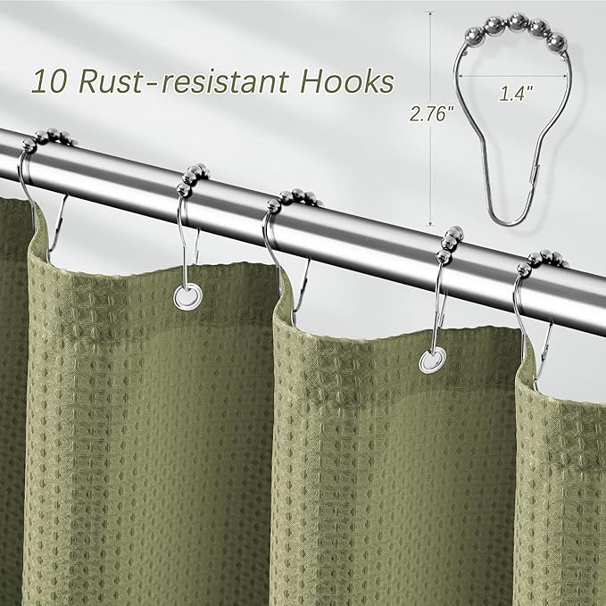 PANGSINNE Khaki Shower Curtain Waffle Weave 60 Inches Heavy Fabric Duty Shower Curtains for Stall, Water Repellent 256GSM Weighted Modern Bathroom Shower Curtains with 10 Metal Hooks, 60Wx72H