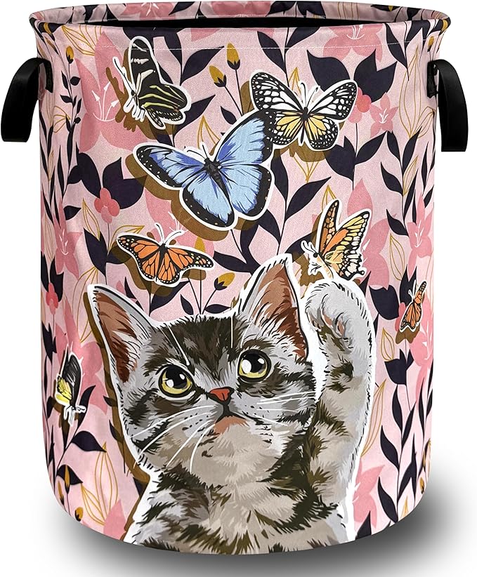 Pink Floral Cats Laundry Hamper Oxford Cloth Butterfly Animal Cat Laundry Basket With Handle Portable Clothes Storage Basket Foldable Funny Laundry Bag 18.9"x16.5" For Laundry Room/Bedroom/Bathrooms