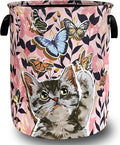 Pink Floral Cats Laundry Hamper Oxford Cloth Butterfly Animal Cat Laundry Basket With Handle Portable Clothes Storage Basket Foldable Funny Laundry Bag 18.9"x16.5" For Laundry Room/Bedroom/Bathrooms