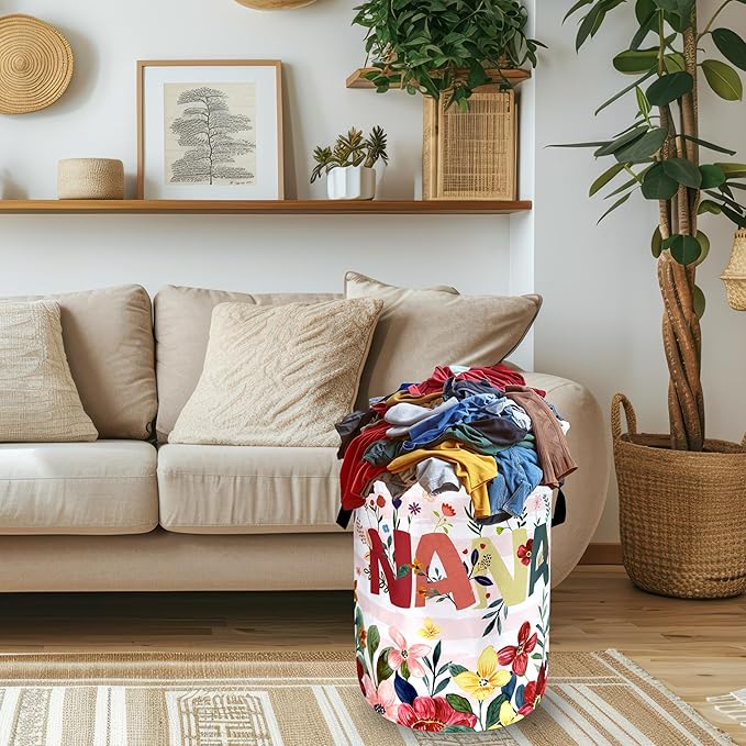 Cute Floral Flowers Laundry Hamper Foldable Oxford Cloth Colorful NANA Laundry Basket With Handle Portable Clothes Storage Basket Funny Laundry Bag 18.9"x16.5" For Laundry Room/Bedroom/Bathrooms