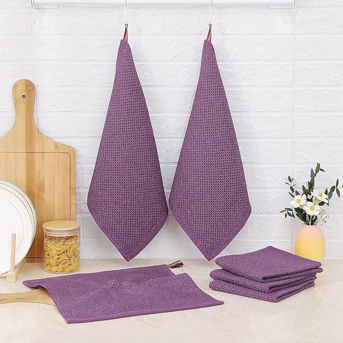 Kitinjoy 100% Cotton Kitchen Dish Cloths, 12 Pack Waffle Weave Ultra Soft Absorbent Dish Towels for Drying Dishes Quick Drying Kitchen Towels Dish Rags, 12 X 12Inch, Violet