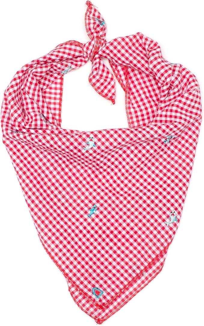 THE WORTHY DOG Classic Tie-On Dog Bandana – Soft Cotton Flannel Square Pet Bandana, Gingham Chomp Pattern, Red/White, Small