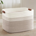 SunNewt 100L Extra Large Laundry Basket with Leather Handles for Living Room Storage, Woven Rope Baskets for Blanket, Kids Toy, Gifts, Wicker Hamper for Bedroom Dirty Clothes, 24"x16"x16" White Brown