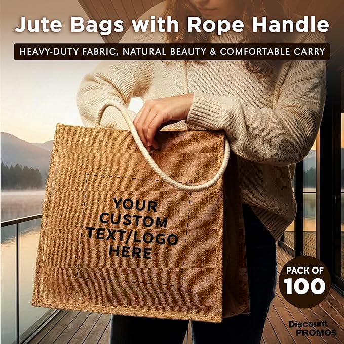 DISCOUNT PROMOS Custom Jute Bags with Rope Handle Set of 100, Personalized Bulk Pack - Reusable, Great for Shopping, Grocery, Promotional or Tradeshow - Natural